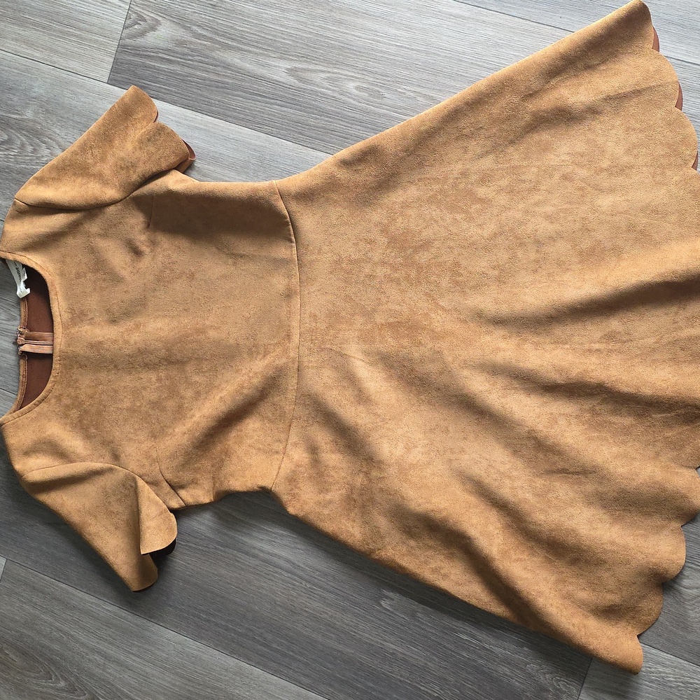 Eesome Tan Kids Dress with Scalloped Hem